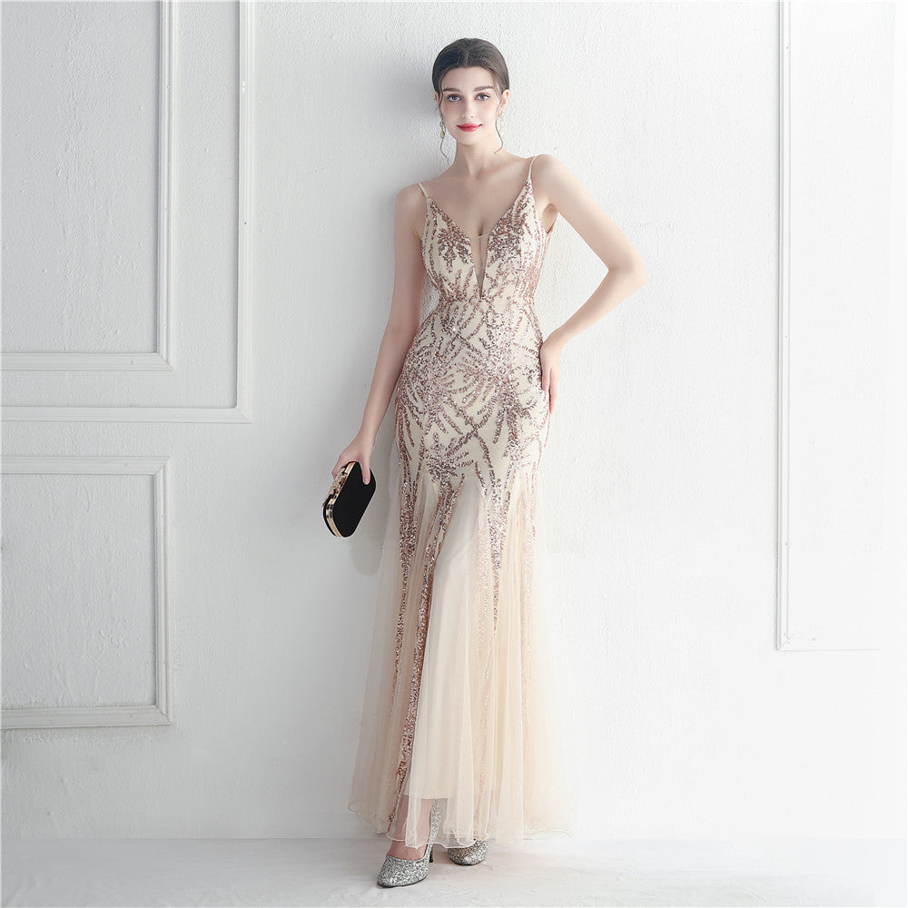 Sequin Gauze Sexy Sling Star Internet Celebrity Grand Ceremony Long Evening Dress