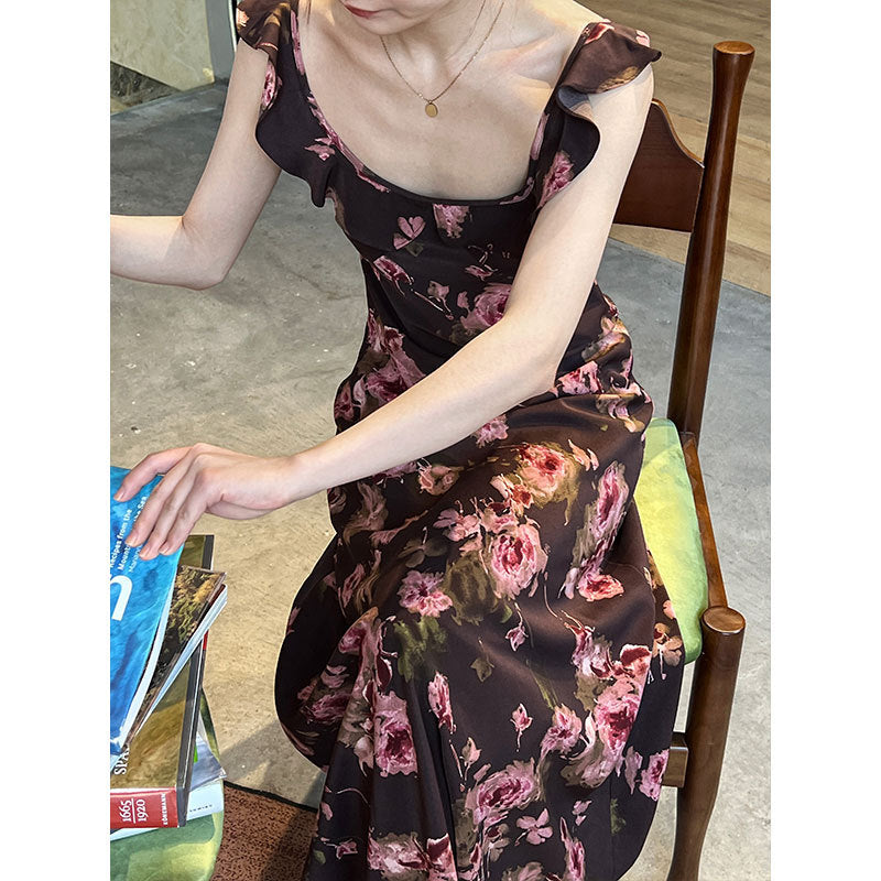 French Retro Slim Floral Dress Summer Waist Trimming Ruffles Dress