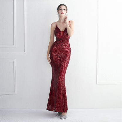 Positioning Floral Beaded Suspender Party Sequined Dress Long Cocktail Slim Fit Evening Dress Elegant