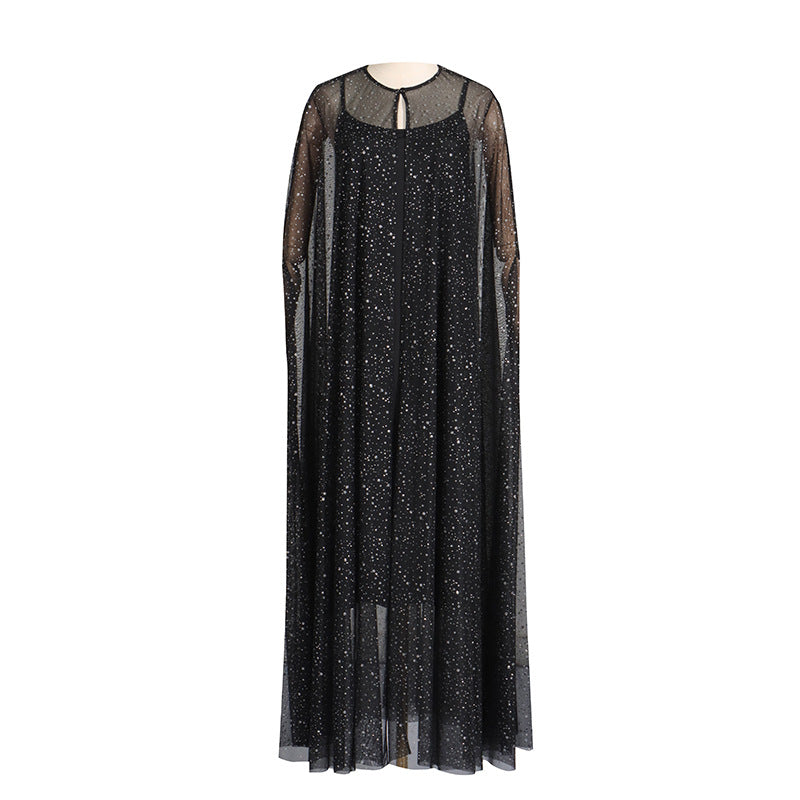 Summer Cape Sequin Gauze Stitching Long Sling Two Piece Dress Women