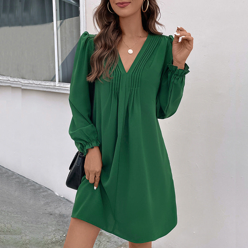 Patchwork Dress Autumn Women Clothing V neck Pleating Long Sleeve Dress