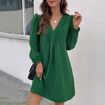 Patchwork Dress Autumn Women Clothing V neck Pleating Long Sleeve Dress