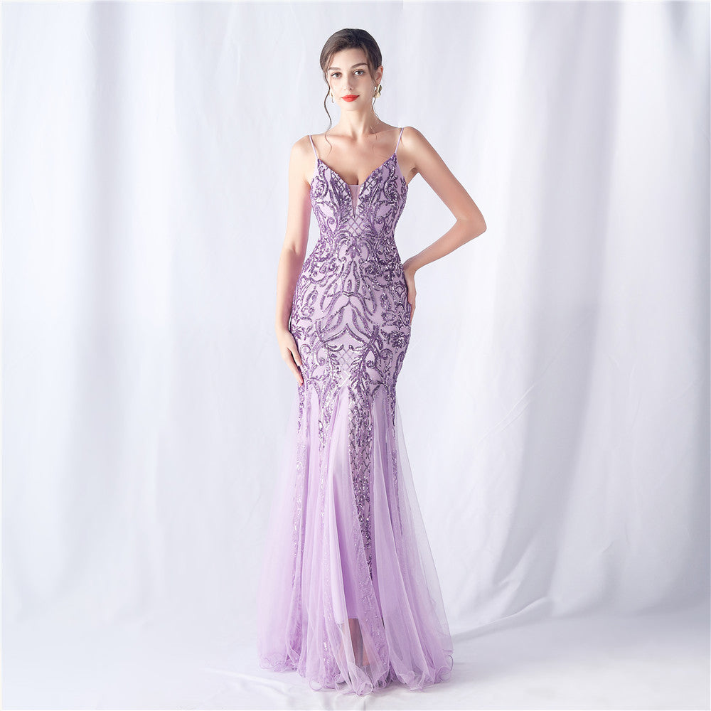 Floral Sequin Mesh High End Evening Dress