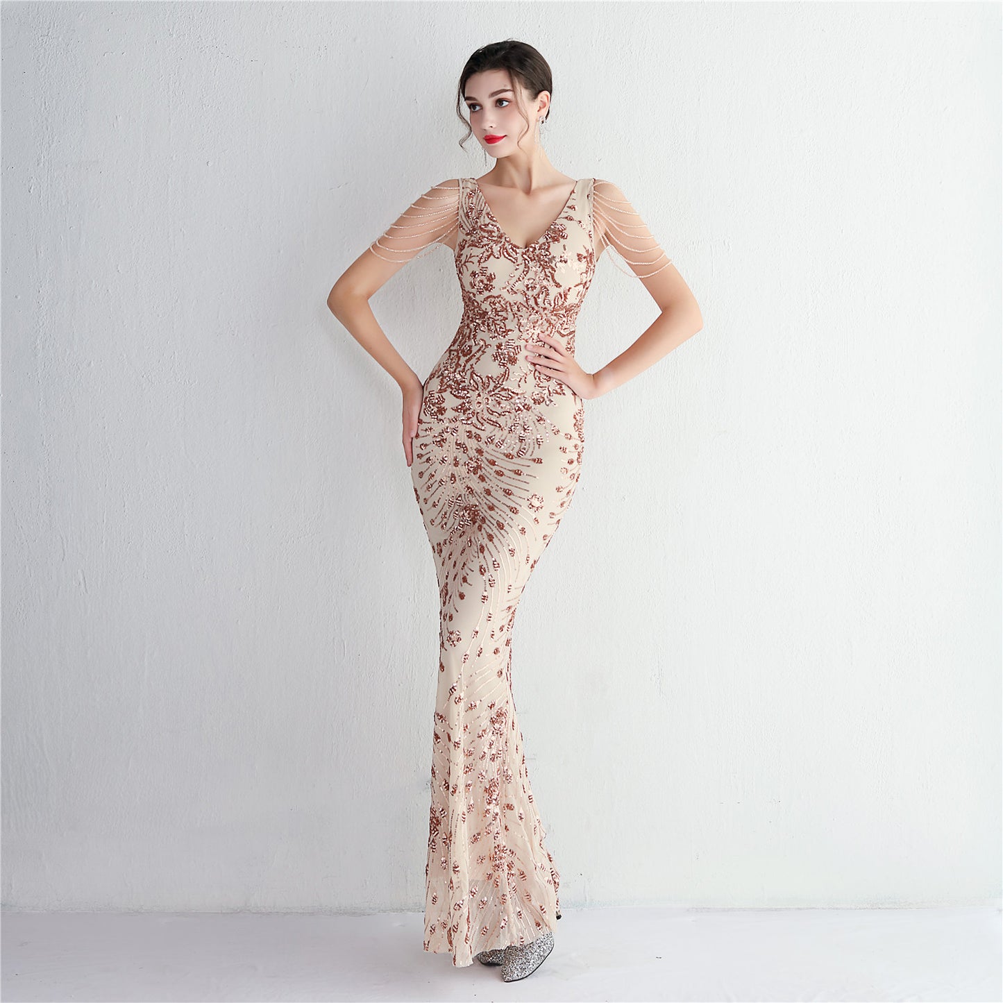 Evening Party Dress Long Cocktail Slim Fit Evening Dress Elegant Long Sequined Annual Meeting Host