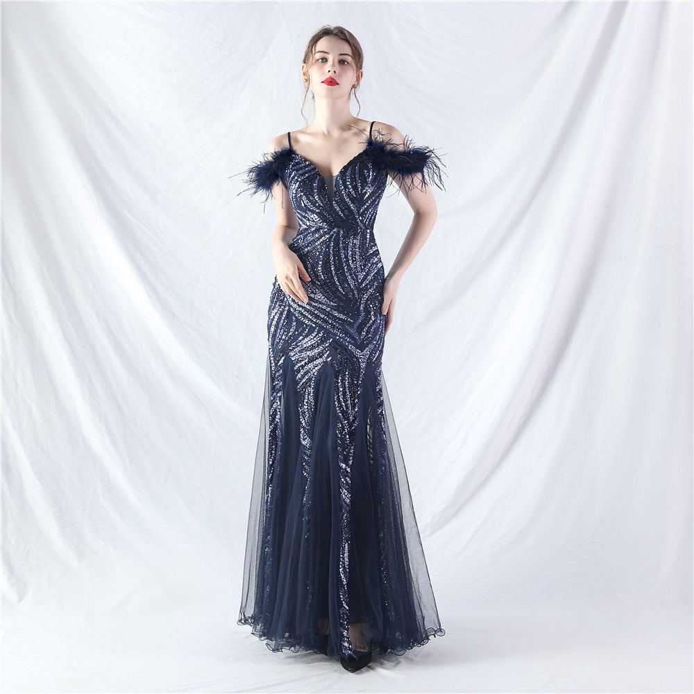 Craft Order - Robe de soirée haut de gamme en maille avec couture de paillettes et stratification de cheveux d'autruche