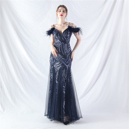 Craft Order - Robe de soirée haut de gamme en maille avec couture de paillettes et stratification de cheveux d'autruche