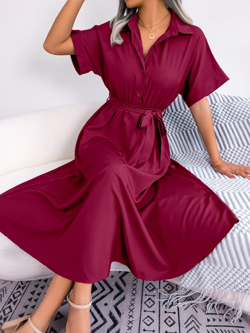 Robe chemise ample décontractée d'été de couleur unie nouée Maxi Dress Vêtements pour femmes