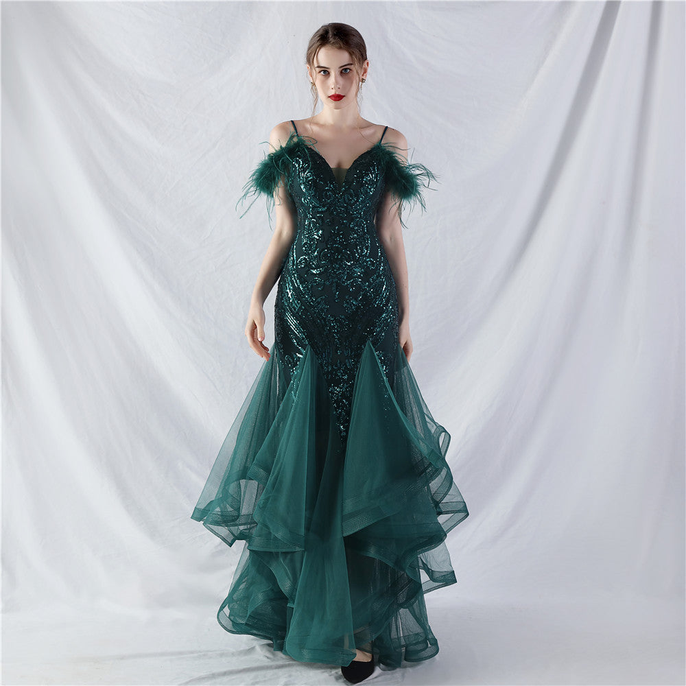 Craft Order – robe de spectacle de danse en maille dure, plumes d'autruche, positionnement, paillettes florales, couture, maille