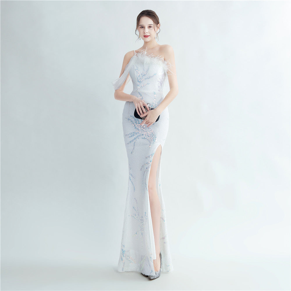 High Density Ostrich Feather Craft Beading High End Evening Dress