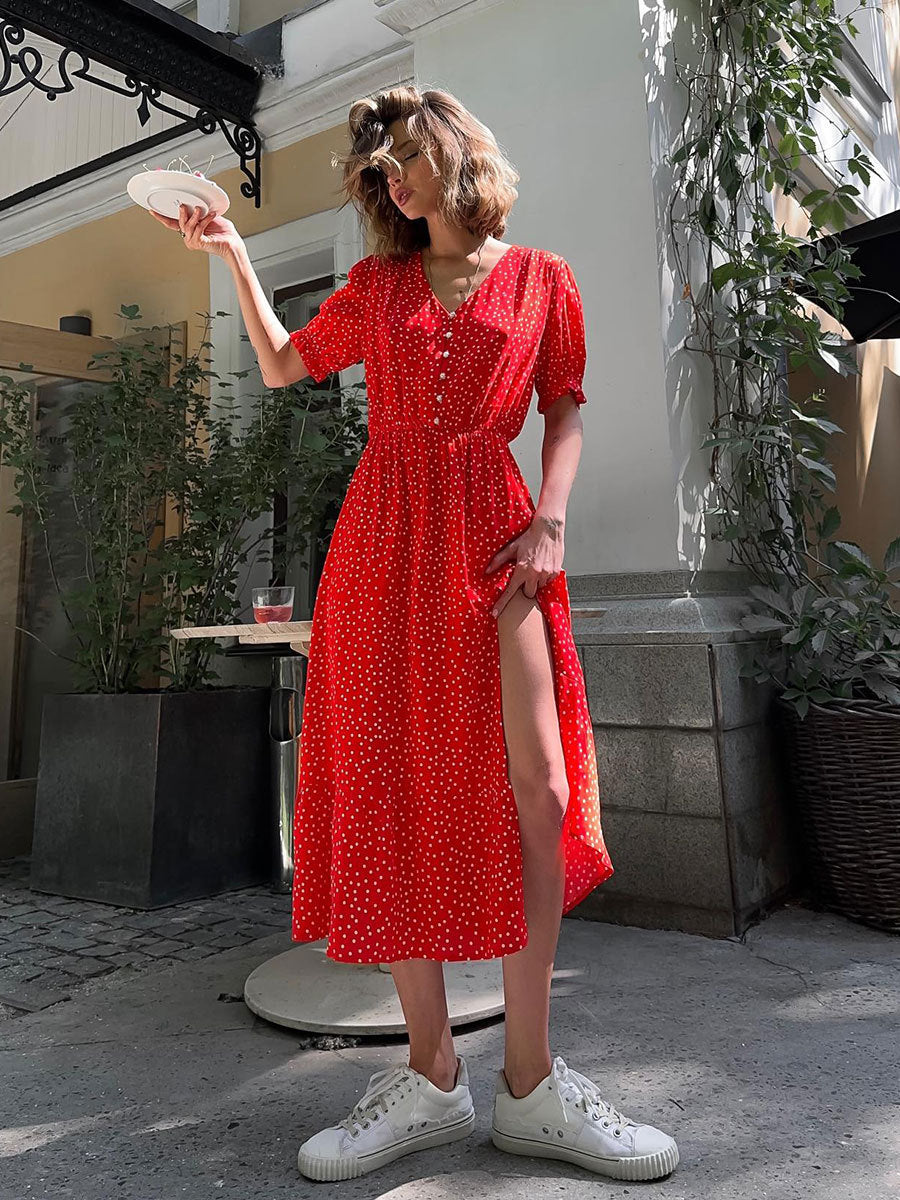 Polka Dot Dress Summer V Neck Tight Waist Slit Mid Length Red Short Sleeve Dress