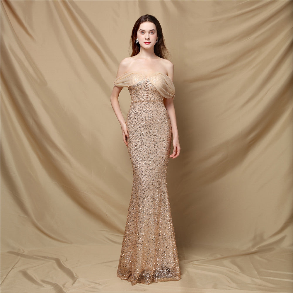 Classic off Shoulder Fishtail Evening Dress for Women Elegant Cocktail Annual Meeting Elegant Velvet Queen