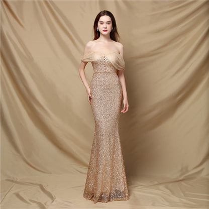 Classic off Shoulder Fishtail Evening Dress for Women Elegant Cocktail Annual Meeting Elegant Velvet Queen