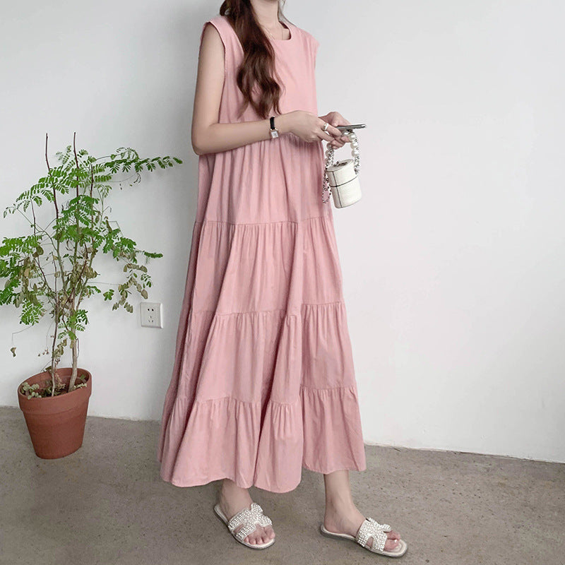 Women Clothing Dress Summer Sweet Fresh Women High Sense Small Solid Color Loose Tiered Dress