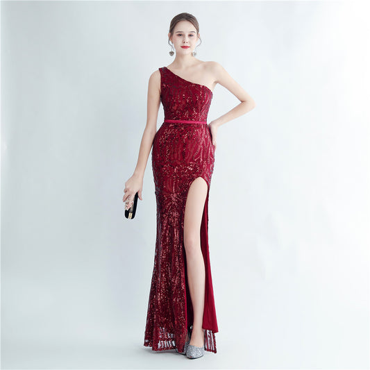 Positioning Floral Sequin One Shoulder Diagonal Collar Side Slit Long Evening Dress