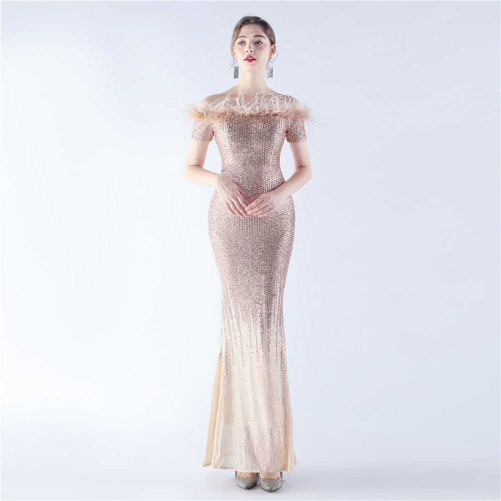 Craft Ostrich Feather Gradient Sequin off Shoulder High End Evening Dress