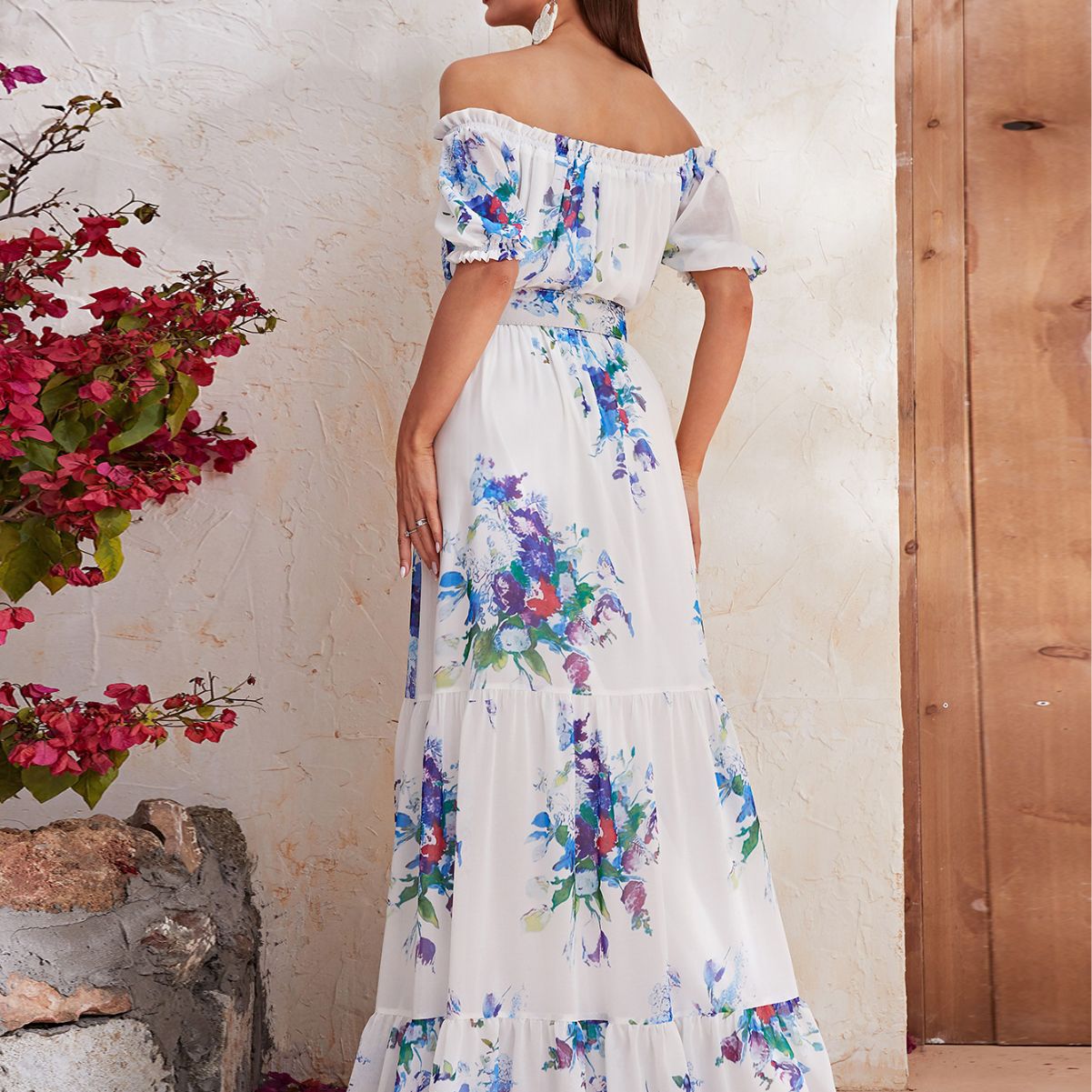 Robe longue en mousseline de soie à manches courtes et motif floral, robe longue de vacances décontractée à taille serrée, grande robe trapèze