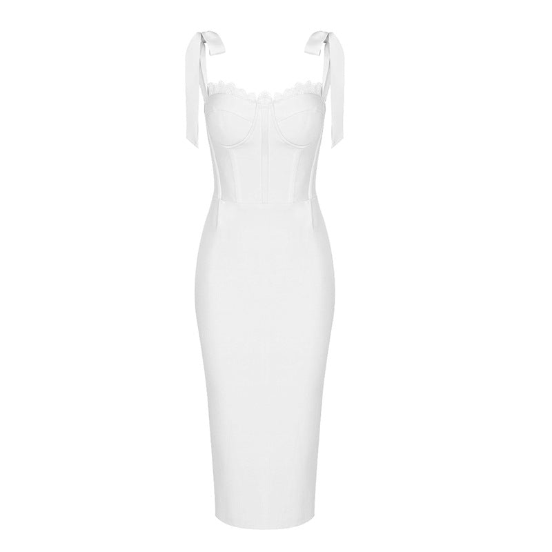 Fashionable High End Summer Women Lace Slim Fit Boning Corset White Dress Knitted Bandage Dress