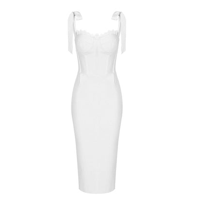 Fashionable High End Summer Women Lace Slim Fit Boning Corset White Dress Knitted Bandage Dress