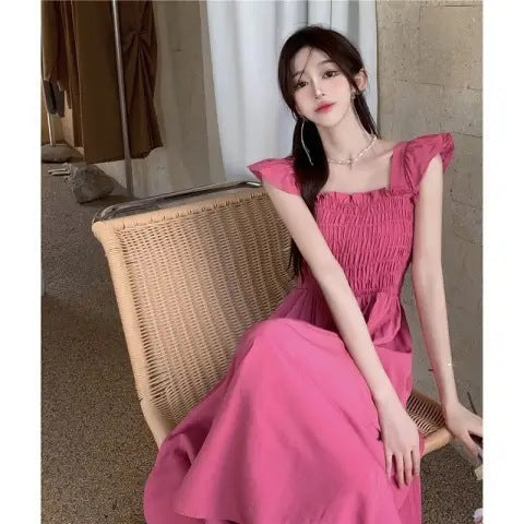 Summer French Flying Sleeve Pleated Waist Tight Dress Hepburn Square Collar Tea Break Midi Dress