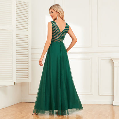 Dark Green Women Double V neck Sleeveless Evening Dress Striped Sequin Stitching Tulle A line Long Elegant Dress