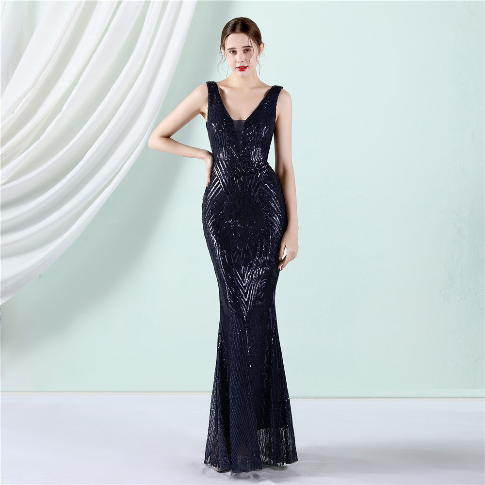 Positioning Floral Sequin Cocktail Elegant Long Sleeveless Sequined Aura Queen Fishtail Dress