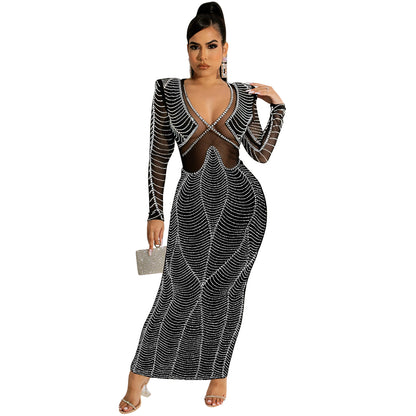 Sexy Nightclub Rhinestone Mesh See through V neck Long Sleeve Dress Women