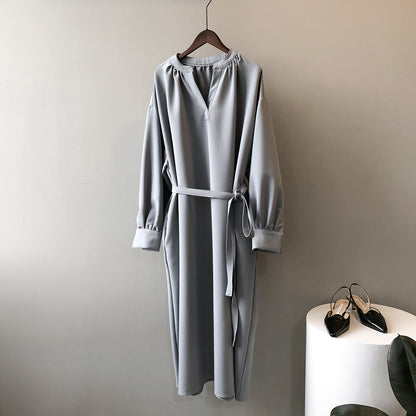 Robe longue à col en V pour femmes, tenue coréenne, ample, élégante, nouée, automne