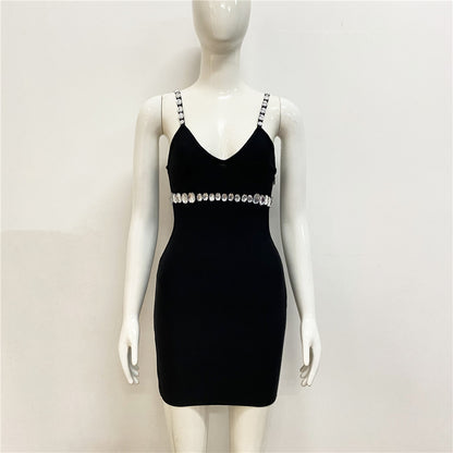 Sexy V Neck Brace Bandage Dress Rhinestone Sexy Party Gathering Tuxedo Dress