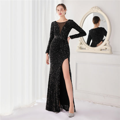 Cocktail Elegant Long Long Sleeve Sequined Atmosphere Fishtail Evening Dress