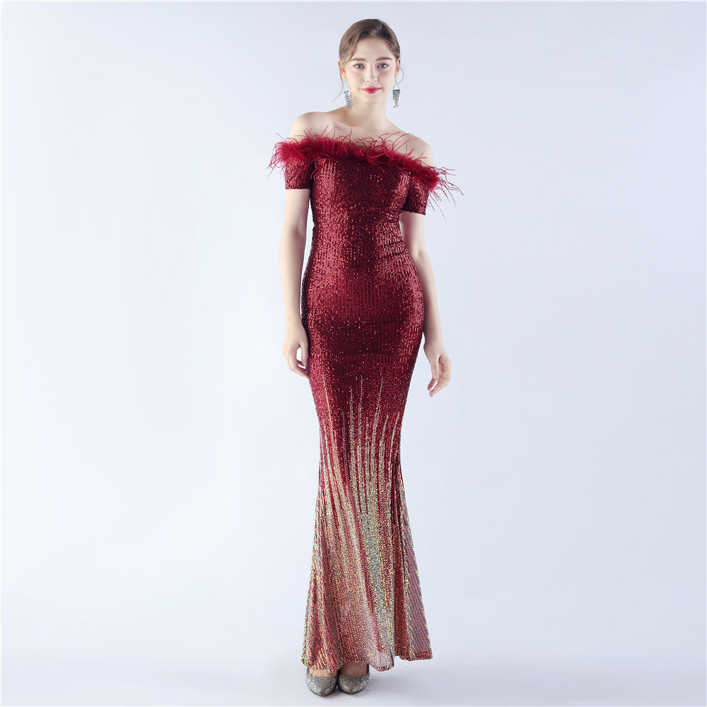 Craft Ostrich Feather Gradient Sequin off Shoulder High End Evening Dress