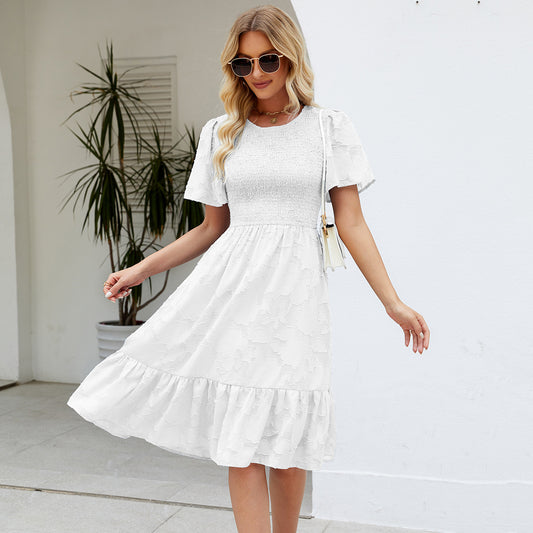 Summer Jacquard Smocking Waist Tight Round Neck Mid Length Dress Vacation