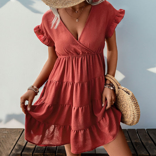 Summer Women Stomach Blanket Raglan Sleeve Solid Color Dress