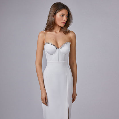 New Sleeveless Mid-Waist White Solid Color Sling Simple Dress Metal Corsage Annual Party Evening Dress