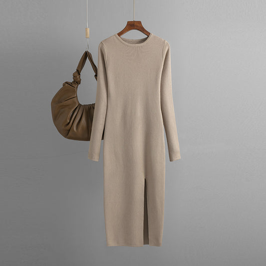 Automne hiver coupe ajustée robe tricotée femmes vêtements intérieurs vêtements chauds mi-longueur manches longues bas serré hanche