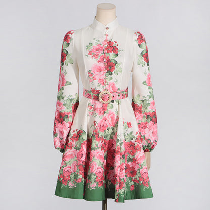 Robe courte d'été rétro mondaine de haute qualité à col montant et manches bouffantes, imprimée à la taille contrôlée, pour femmes