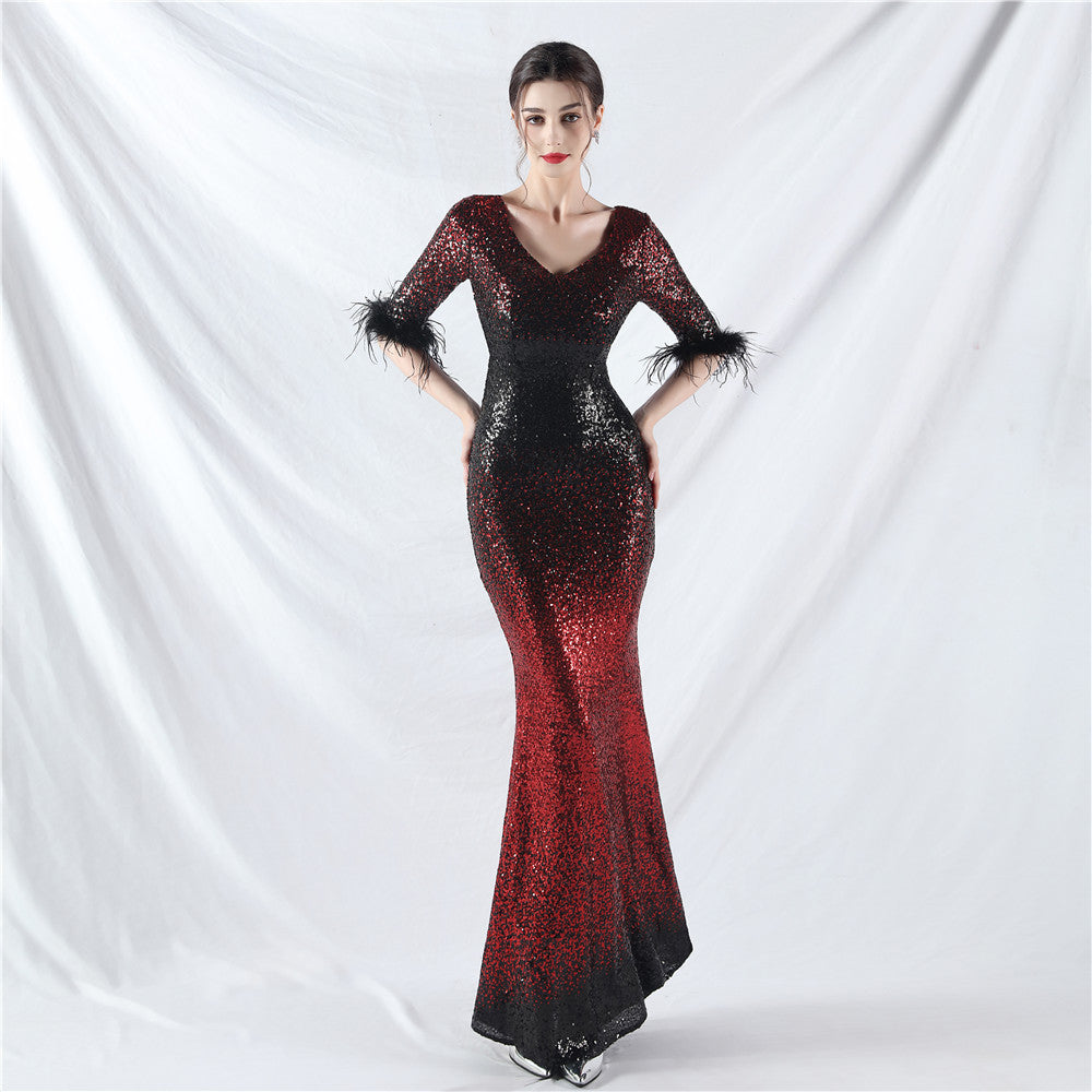 Dress Craft Order Ostrich Feather Gradient Sequin Long Sleeve Evening Dress