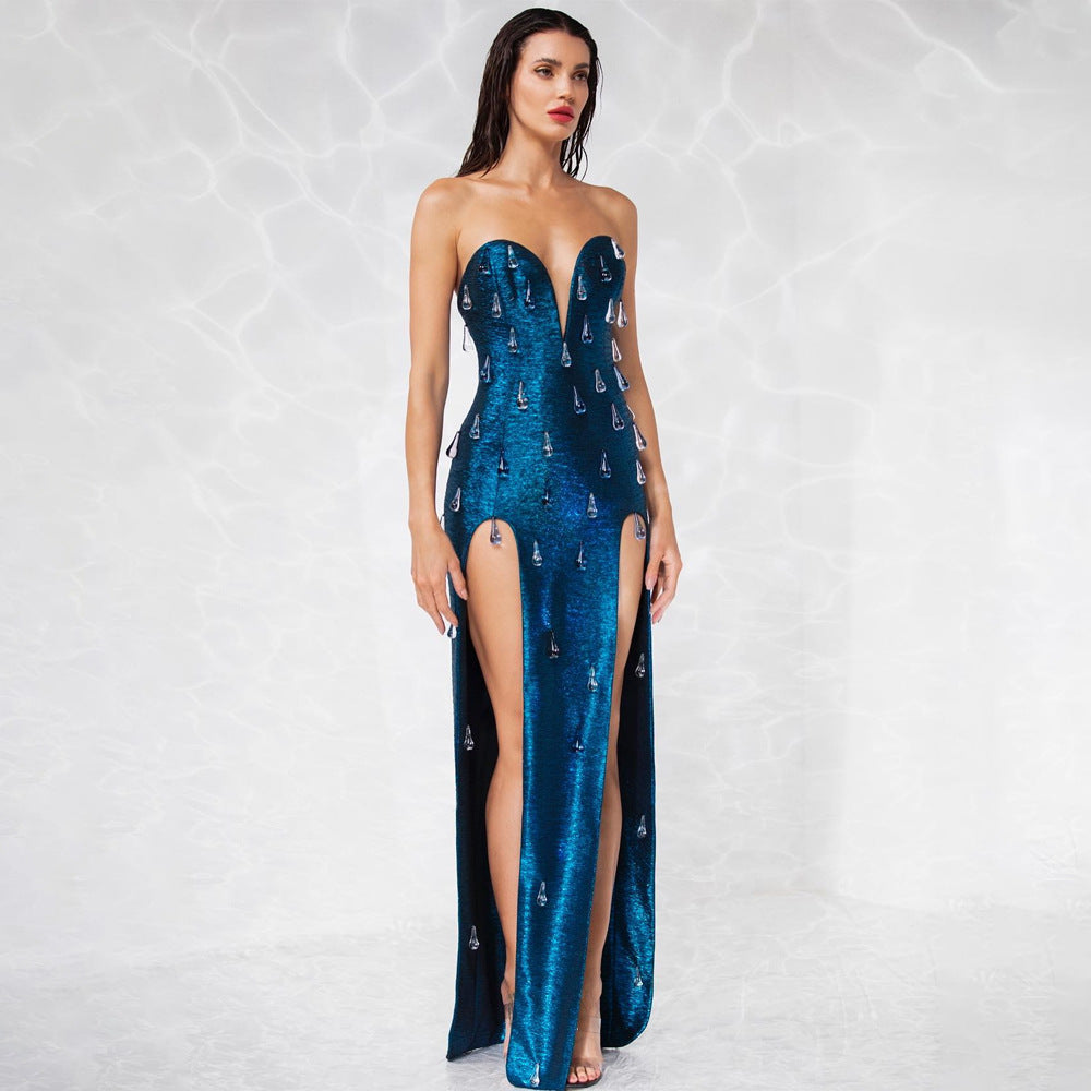 Vestido largo sexi de verano con recortes y abertura en la parte superior del tubo bronceador con diamantes de imitación ajustado y cintura ajustada