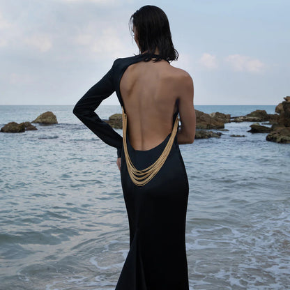 Summer Black One Shoulder Backless Snake Bone Chain Maxi Dress Women Clothing Dress