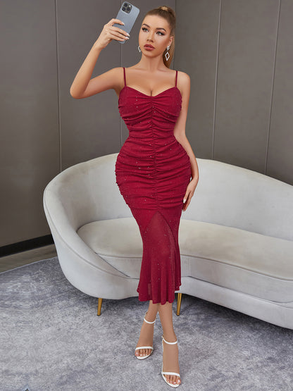 Summer Mermaid Dress Sexy Thin Straps Wine Red Socialite Nightclub Pendant V-neck Dress