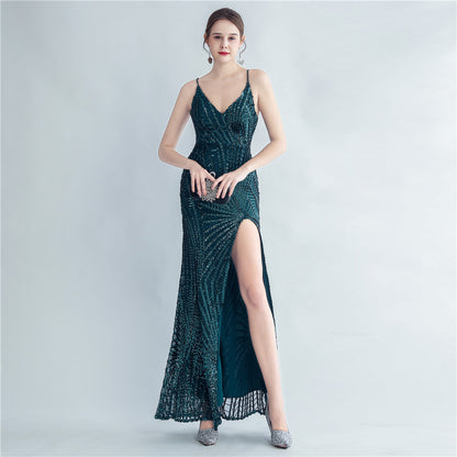 Robe de soirée haut de gamme avec fente latérale et reliure à sequins haute densité