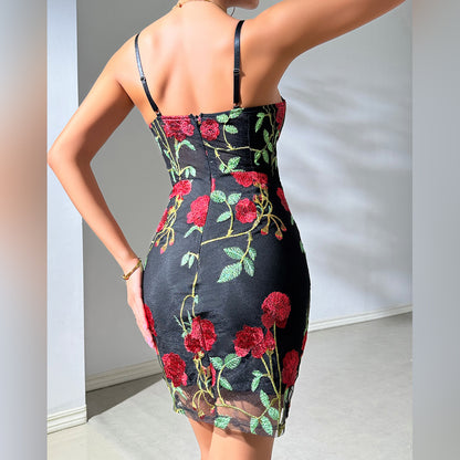 Women Clothing Summer Handmade Embroidery Rose Sexy Spaghetti Straps Corset Dress