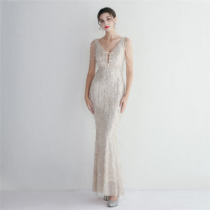 Silk Tassel Sequin Party Dress Long Cocktail Slim Fit Evening Dress Elegant Long