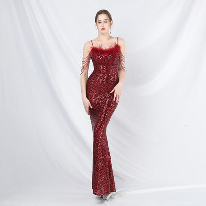 Beaded Ostrich Feather Colorful Sequin Long Evening Dress