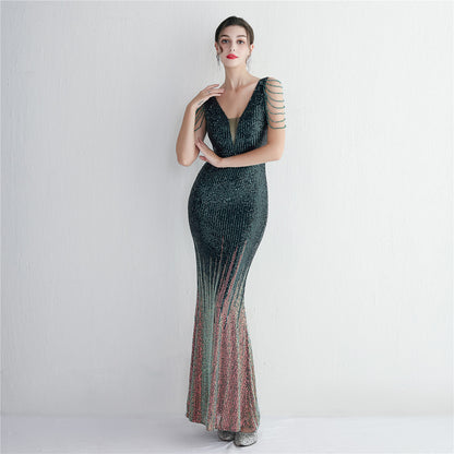 Vertical Stripes Gradient Sequin Party Dress Long Cocktail Slim Fit Evening Dress Elegant Cool Clothing