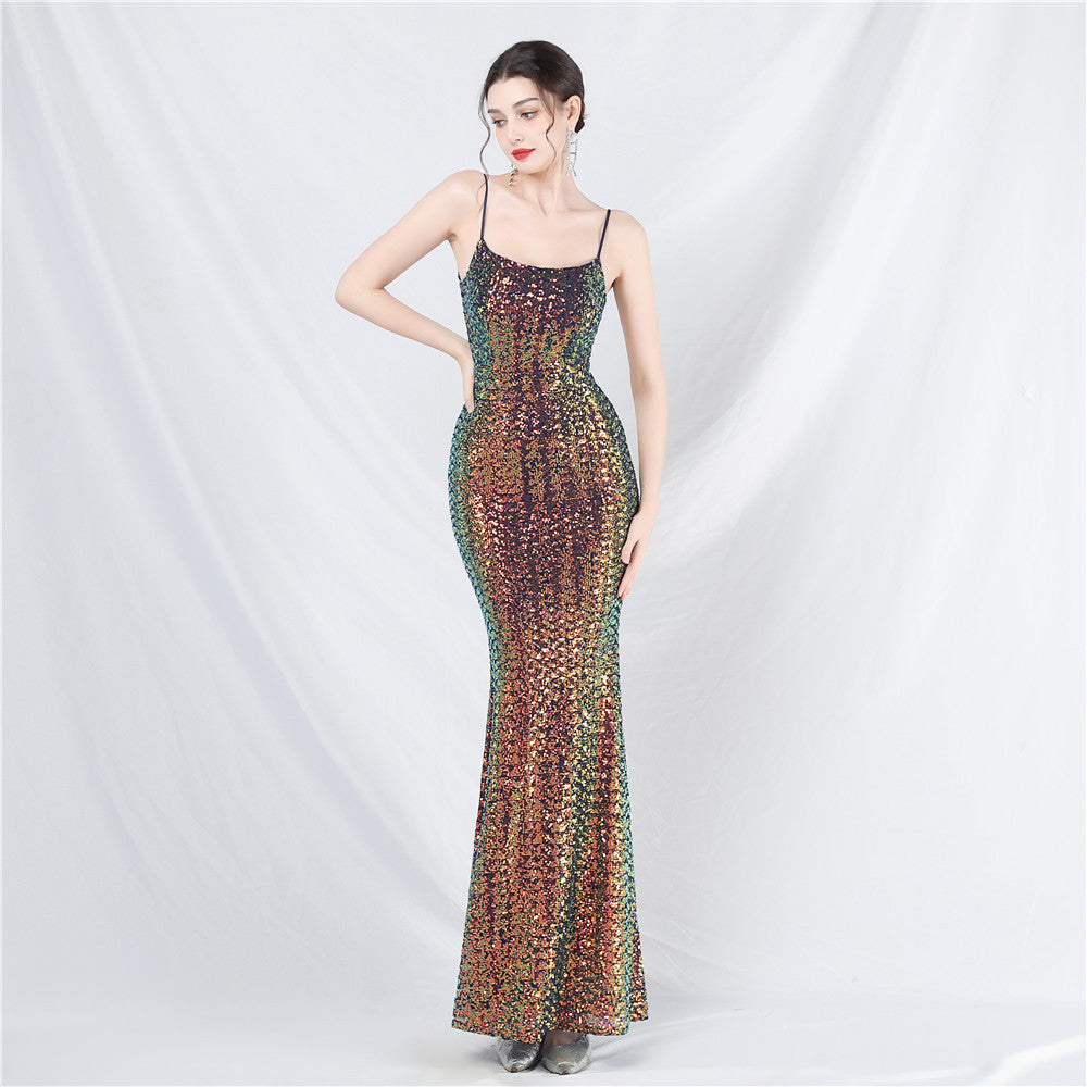 Women Colorful Sequin Suspender Evening Dress