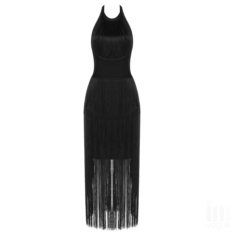 Women Clothing Summer Halter Bandage Dress Sexy Tassel Sleeveless Backless Elegant Slim Dress