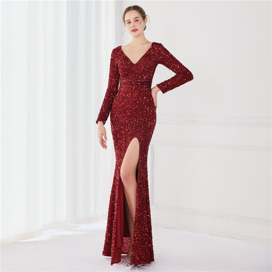 Cocktail Elegant Long Long Sleeve Sequined Atmosphere Queen Fishtail Evening Dress