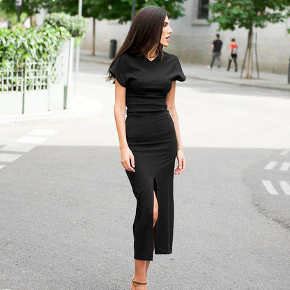 Ropa de mujer Vestido de cintura alta con abertura de color sólido de verano