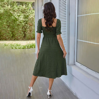 Spring Summer Dress Smocking Puff Sleeve Elegant Short Sleeve Dress Fastener Decoration Pleated A Line Dress Long Dress