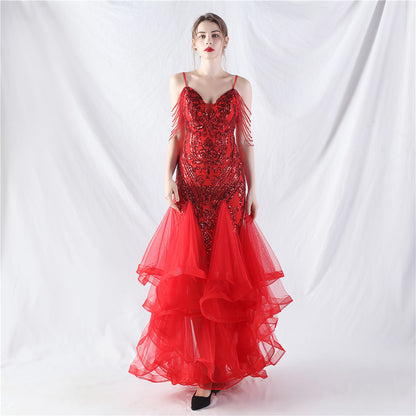 Craft Beads Hard Net Positioning Floral Sequin Stitching Mesh Dance Celebration Performance Dress